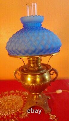 Antique Miller/The Juno Lamp USA Brass & Blue Glass Shade Converted to Electric