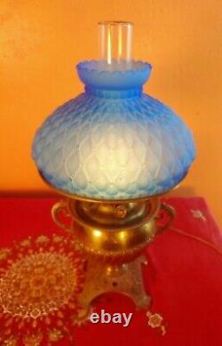 Antique Miller/The Juno Lamp USA Brass & Blue Glass Shade Converted to Electric