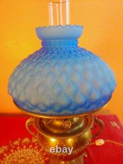 Antique Miller/The Juno Lamp USA Brass & Blue Glass Shade Converted to Electric