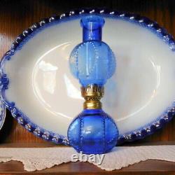 Antique Miniature Blue Glass Oil Lamp