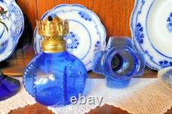 Antique Miniature Blue Glass Oil Lamp