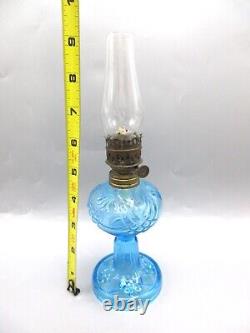 Antique Miniature Blue Glass Oil Lamp With Chimney Pat. 1876