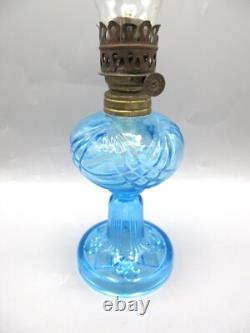 Antique Miniature Blue Glass Oil Lamp With Chimney Pat. 1876