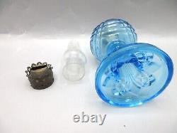 Antique Miniature Blue Glass Oil Lamp With Chimney Pat. 1876