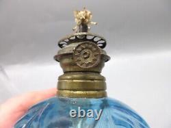 Antique Miniature Blue Glass Oil Lamp With Chimney Pat. 1876