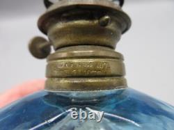 Antique Miniature Blue Glass Oil Lamp With Chimney Pat. 1876