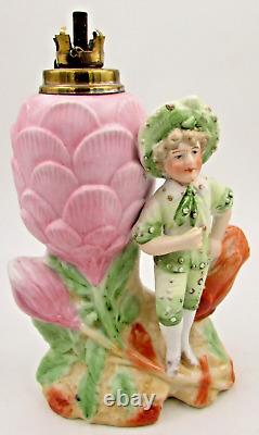 Antique Miniature Figural Porcelain Oil Lamp Handsome Young Boy / Artichoke Gilt