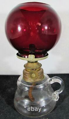 Antique Miniature Finger Loop GWTW Fluid Lamp with Ruby Red Glass Globe, Burner