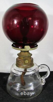 Antique Miniature Finger Loop GWTW Fluid Lamp with Ruby Red Glass Globe, Burner