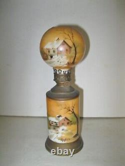 Antique Miniature Oil Lamp Hand Painted Home Scene