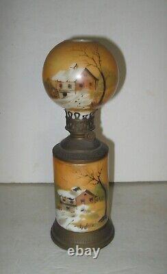 Antique Miniature Oil Lamp Hand Painted Home Scene