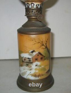 Antique Miniature Oil Lamp Hand Painted Home Scene