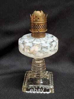 Antique Miniature Oil Lamp Hobbs Brockunier Opalescent Seaweed Coral Reef