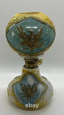 Antique Miniature Oil Lamp Milk Glass Eagle Blue/Yellow Globe Shade GWTW