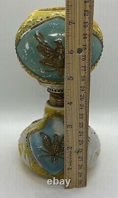 Antique Miniature Oil Lamp Milk Glass Eagle Blue/Yellow Globe Shade GWTW