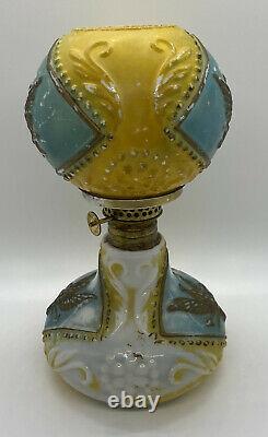 Antique Miniature Oil Lamp Milk Glass Eagle Blue/Yellow Globe Shade GWTW