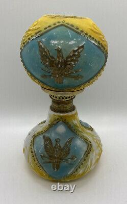 Antique Miniature Oil Lamp Milk Glass Eagle Blue/Yellow Globe Shade GWTW
