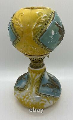 Antique Miniature Oil Lamp Milk Glass Eagle Blue/Yellow Globe Shade GWTW