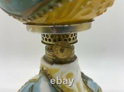 Antique Miniature Oil Lamp Milk Glass Eagle Blue/Yellow Globe Shade GWTW