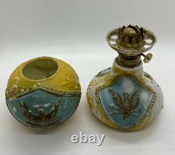 Antique Miniature Oil Lamp Milk Glass Eagle Blue/Yellow Globe Shade GWTW