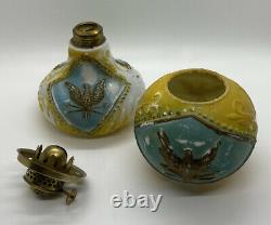 Antique Miniature Oil Lamp Milk Glass Eagle Blue/Yellow Globe Shade GWTW