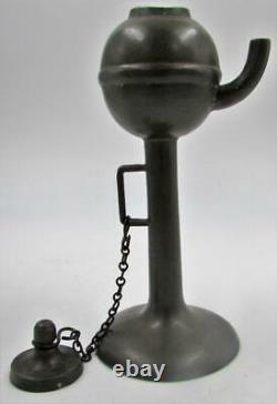 Antique Miniature Pewter Fluid Oil Camphene Lamp with Lid on Chain Colonial Style