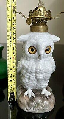 Antique Miniature Porcelain Owl Figurine Oil Kerosene Lamp COMPLETE! SCARCE