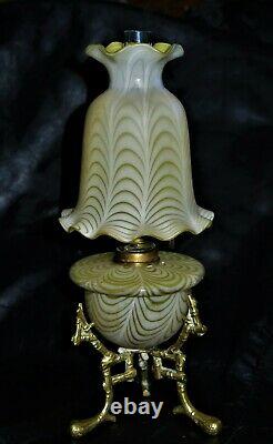 Antique Nailsea V V rare Miniature Oil Lamp with Antique Brass Stand OUTSTANDING