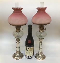 Antique Near Pair Of Peg Oil Lamps Cranberry Satin Glass Shades Opalescent Fonts