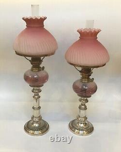 Antique Near Pair Of Peg Oil Lamps Cranberry Satin Glass Shades Opalescent Fonts