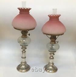 Antique Near Pair Of Peg Oil Lamps Cranberry Satin Glass Shades Opalescent Fonts