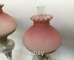 Antique Near Pair Of Peg Oil Lamps Cranberry Satin Glass Shades Opalescent Fonts