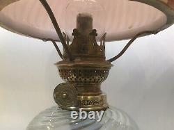 Antique Near Pair Of Peg Oil Lamps Cranberry Satin Glass Shades Opalescent Fonts