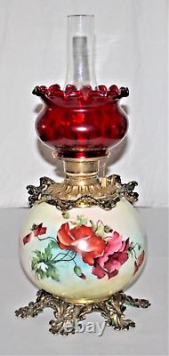 Antique Oil Kerosene Banquet Table Lamp Globe Base With Painted Florals Working