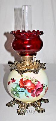 Antique Oil Kerosene Banquet Table Lamp Globe Base With Painted Florals Working