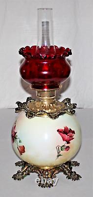 Antique Oil Kerosene Banquet Table Lamp Globe Base With Painted Florals Working