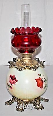 Antique Oil Kerosene Banquet Table Lamp Globe Base With Painted Florals Working
