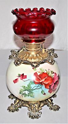 Antique Oil Kerosene Banquet Table Lamp Globe Base With Painted Florals Working