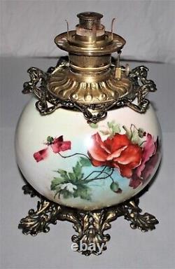 Antique Oil Kerosene Banquet Table Lamp Globe Base With Painted Florals Working