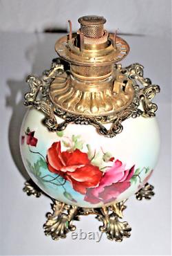 Antique Oil Kerosene Banquet Table Lamp Globe Base With Painted Florals Working