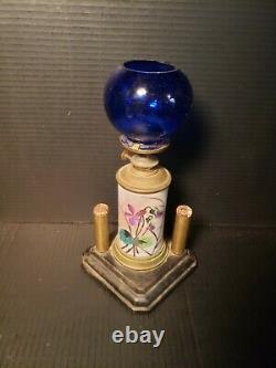 Antique Oil Kerosene Lamp Cigar Store Counter Lighter Blue Cobalt Globe Shade