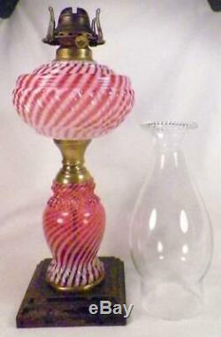 Antique Oil Kerosene Lamp Cranberry Opalescent Reverse Swirl Buckeye Glass #528