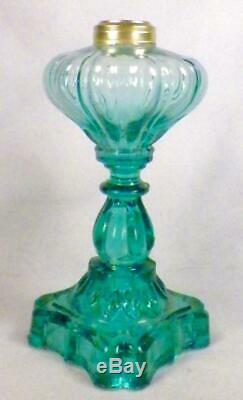 Antique Oil Kerosene Lamp Teal Pressed Glass PATTERN MAKER HELP A Beauty EAPG