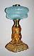 Antique Oil Lamp Adams Glass Blue And Amber Moon & Stars For #2 Burner