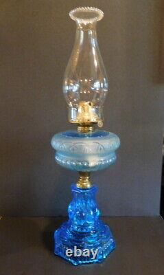 Antique Oil Lamp, Adams and Co. Blue stem and blue font