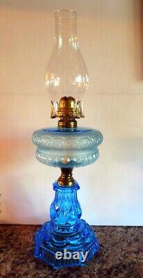 Antique Oil Lamp, Adams and Co. Blue stem and blue font