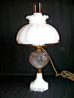 Antique Oil Lamp Atterbury Scroll 1872 White Glass Base Milk Glass Melon Shade