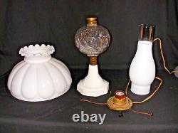 Antique Oil Lamp Atterbury Scroll 1872 White Glass Base Milk Glass Melon Shade