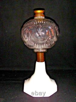 Antique Oil Lamp Atterbury Scroll 1872 White Glass Base Milk Glass Melon Shade