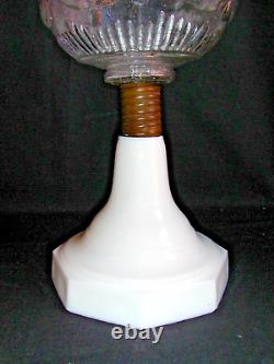 Antique Oil Lamp Atterbury Scroll 1872 White Glass Base Milk Glass Melon Shade
